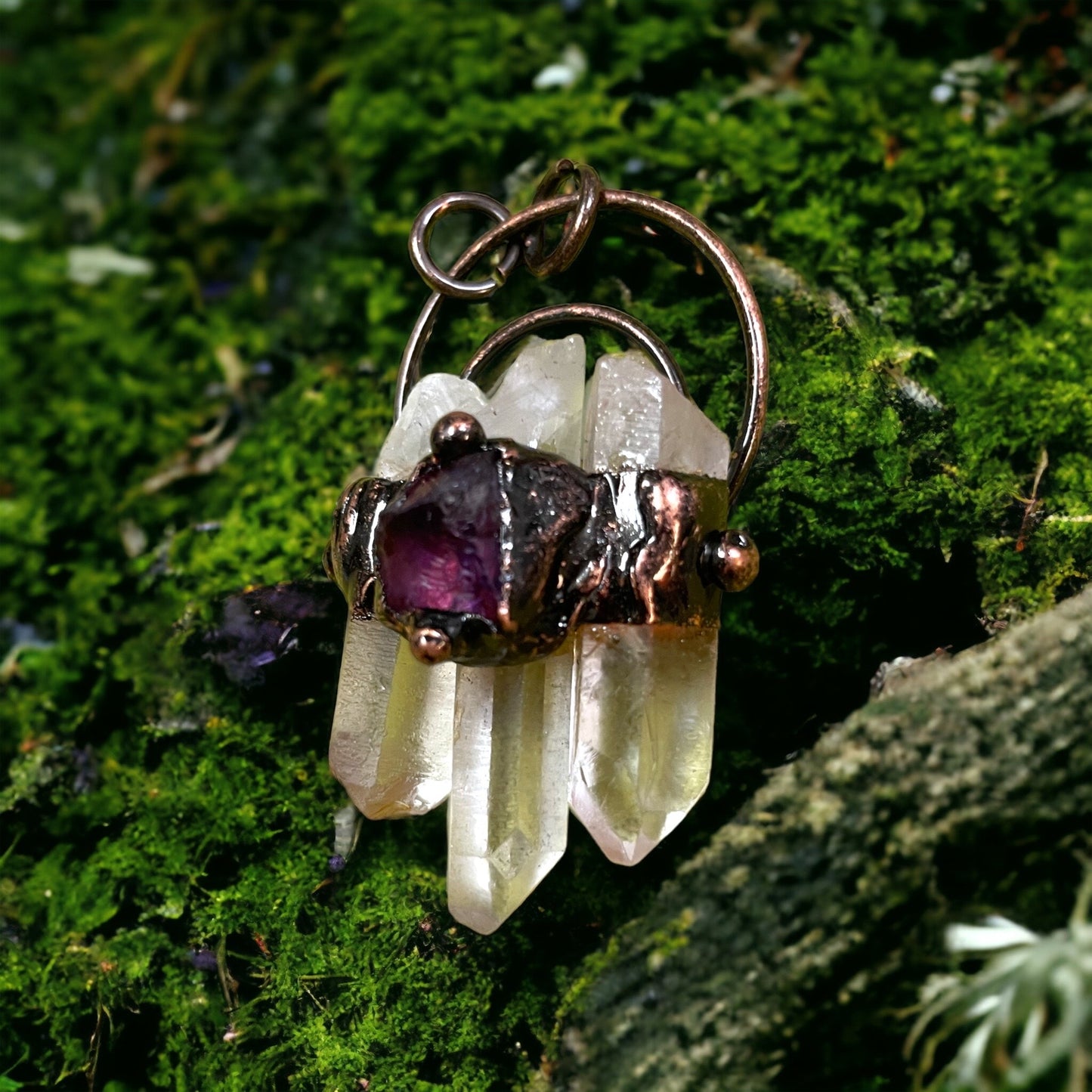 Copper, quartz and amethyst pendant