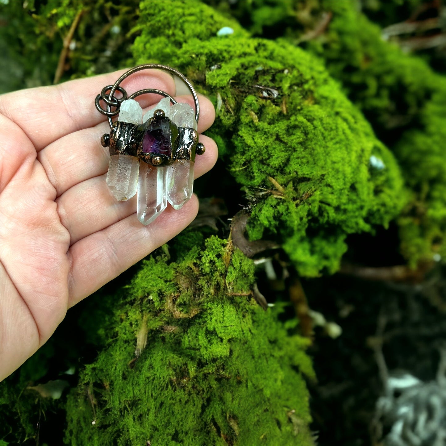 Copper, quartz and amethyst pendant