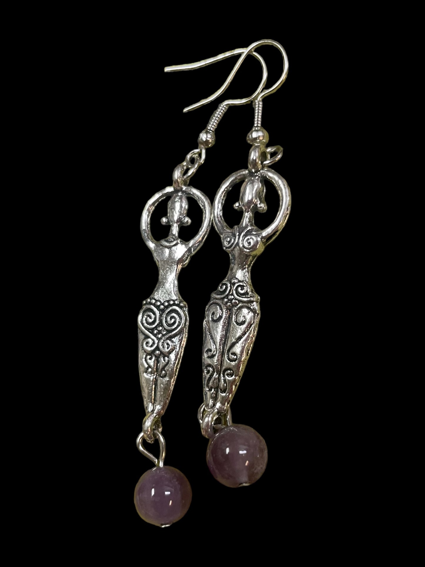 Goddess and Amethyst silver tone dangle earrings