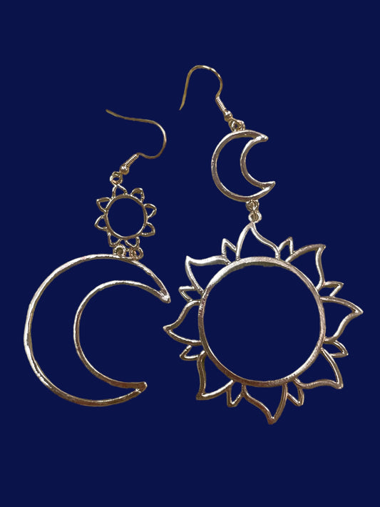 Gold tone sun and moon celestial statement earrings