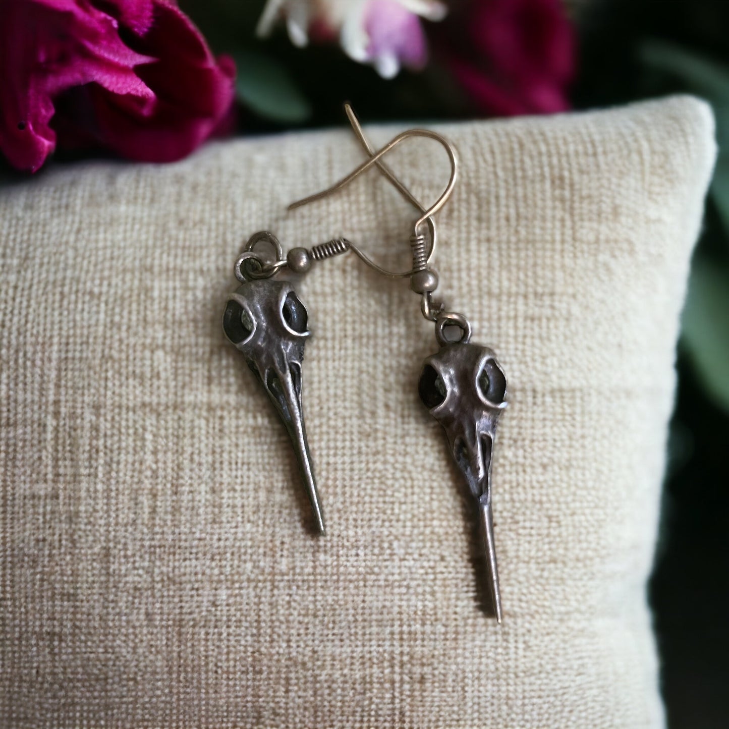 Bronze bird skull dangle earrings