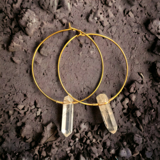 Gold tone quartz Crystal hoop earrings