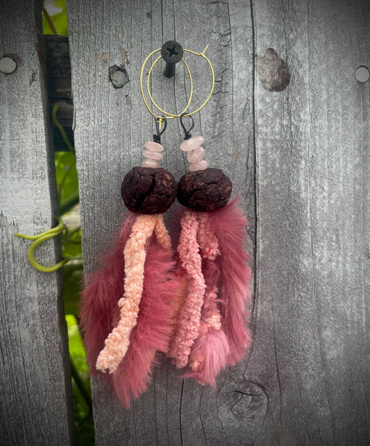 Hand made rose bead clay earrings with rosé quartz crystal and tassel